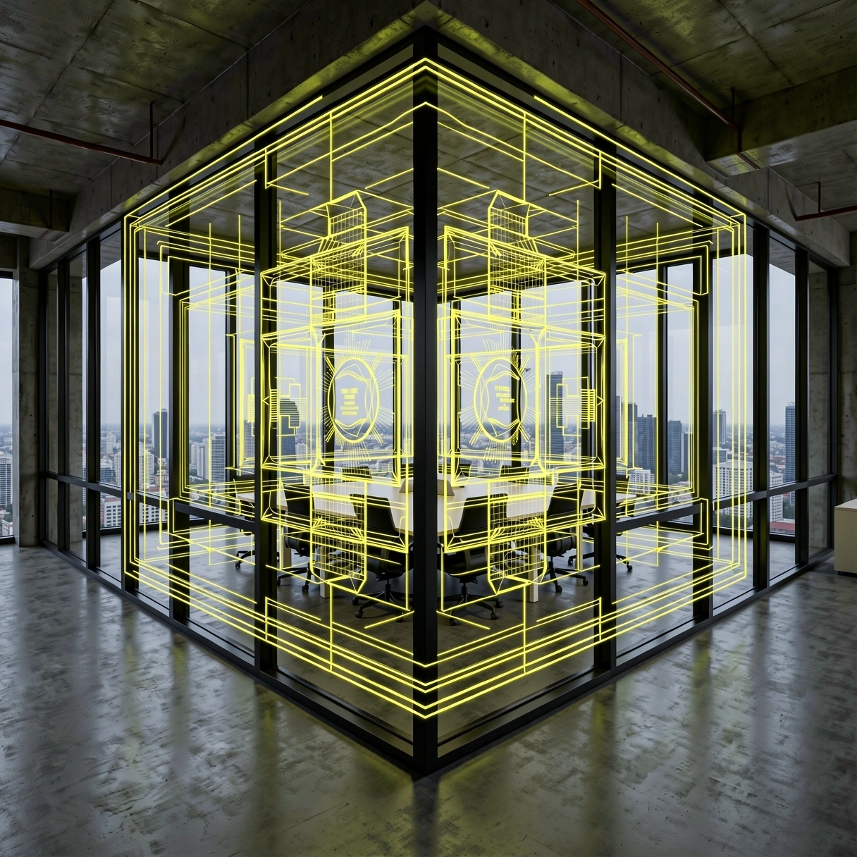 Structural office view with digital blueprint overlays
